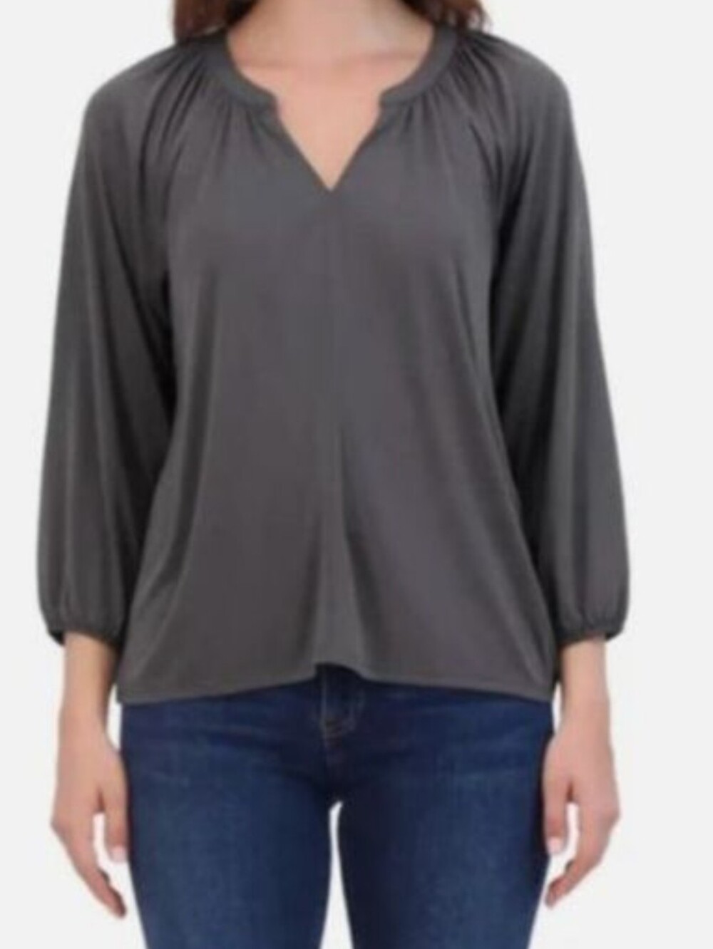 Lucky Medium Women's V-Neck Long Sleeve Sandwash Blouse - Charcoal